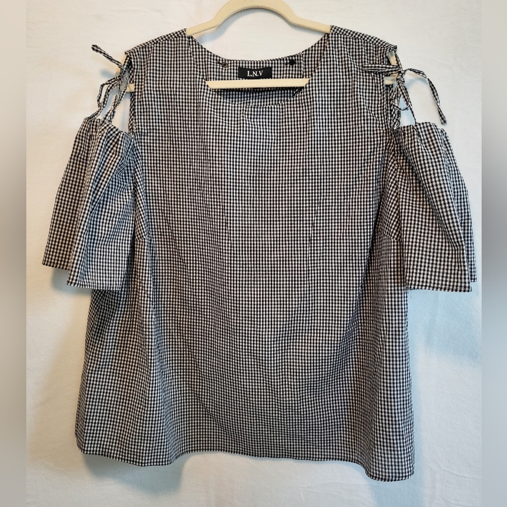Black & White Gingham Cold-Shoulder Blouse Size 2X 100% Cotton